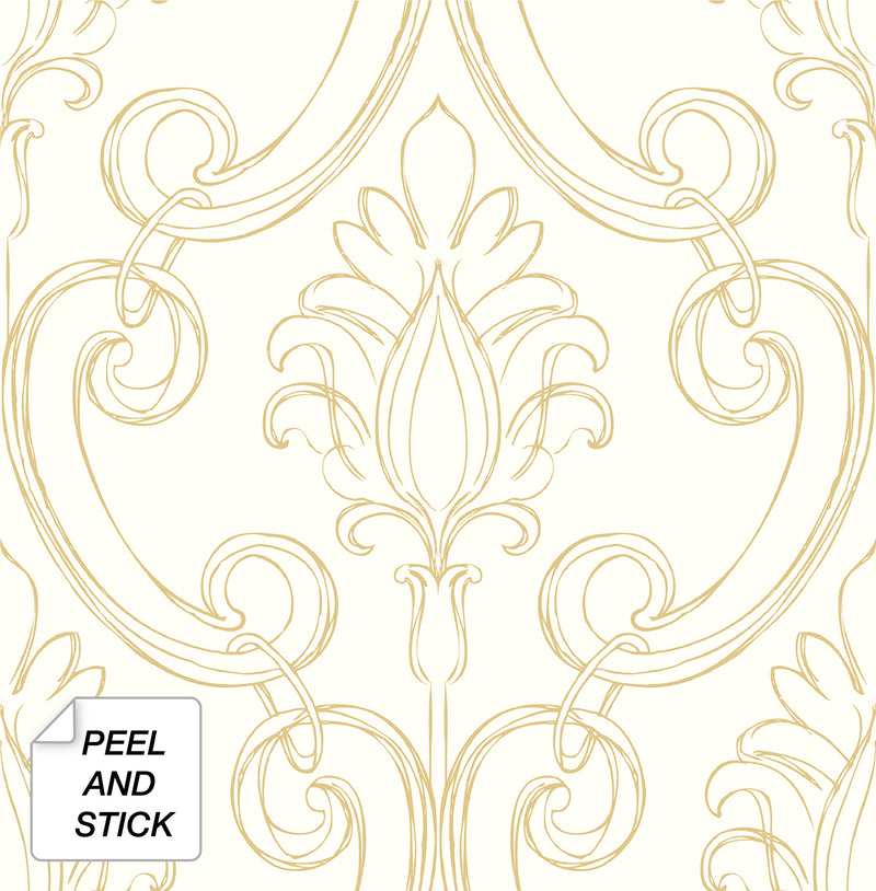 media image for Sketched Damask Peel-and-Stick Wallpaper in Gold by NextWall 237