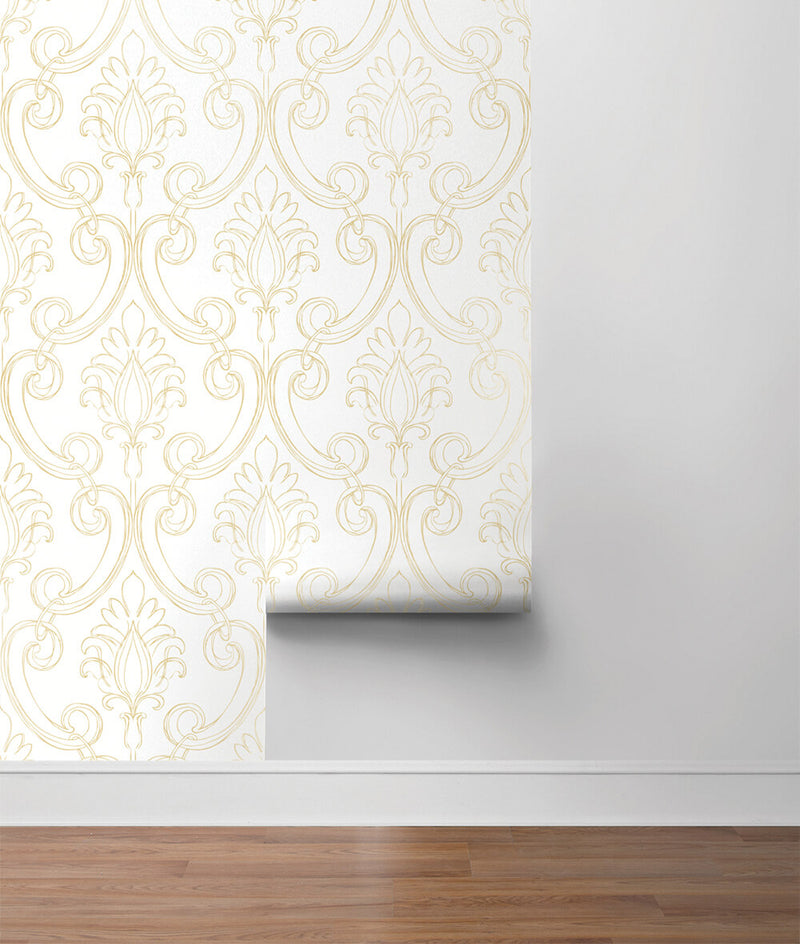media image for Sketched Damask Peel-and-Stick Wallpaper in Gold by NextWall 287