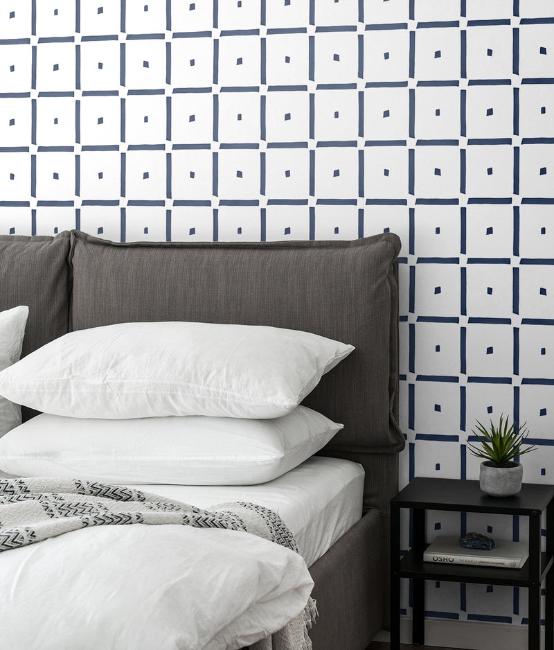 media image for Check and Spot Peel-and-Stick Wallpaper in Navy by NextWall 260