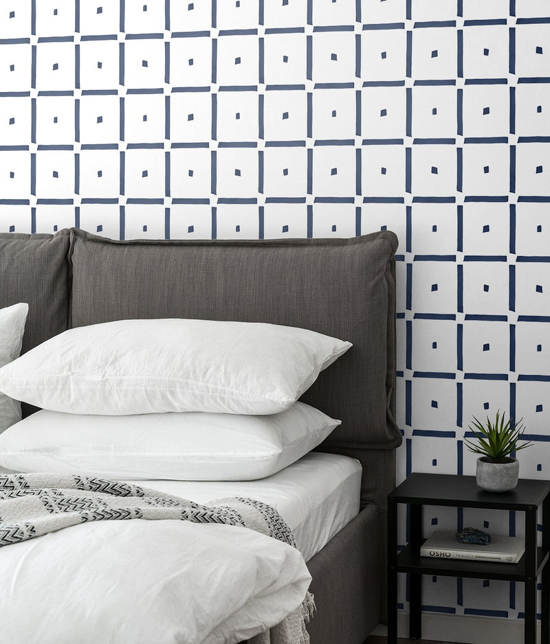 media image for Check and Spot Peel-and-Stick Wallpaper in Navy by NextWall 210