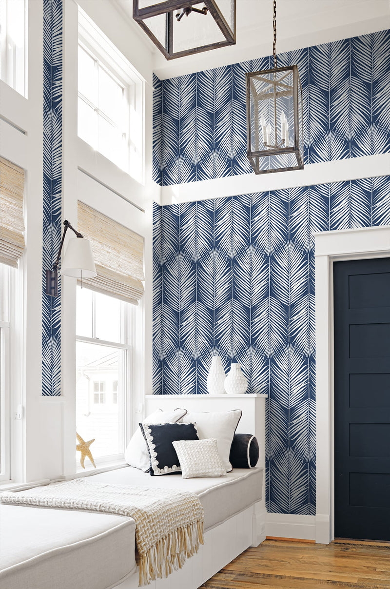 media image for Palm Silhouette Peel-and-Stick Wallpaper in Coastal Blue by NextWall 28