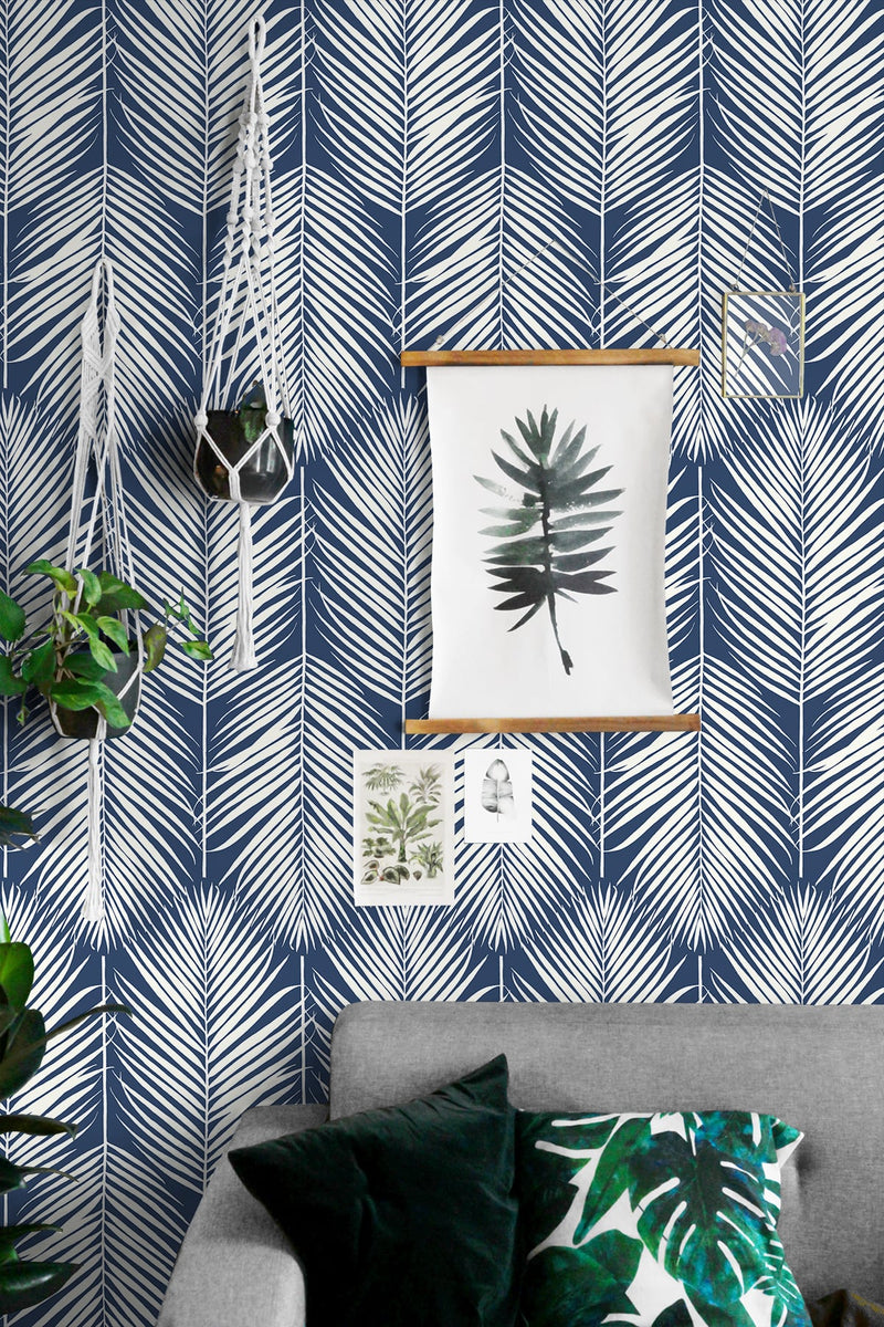 media image for Palm Silhouette Peel-and-Stick Wallpaper in Coastal Blue by NextWall 265