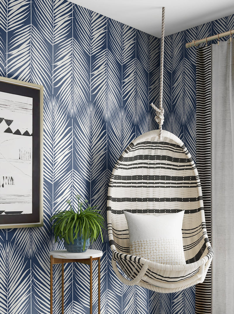 media image for Palm Silhouette Peel-and-Stick Wallpaper in Coastal Blue by NextWall 245
