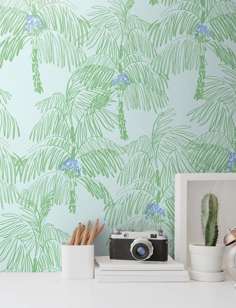 media image for Palm Beach Peel-and-Stick Wallpaper in Baby Blue and Seafoam by NextWall 245