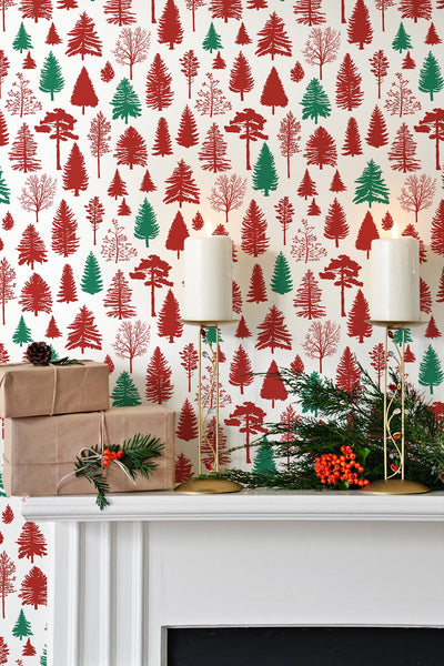 product image for Winter Forest Peel-and-Stick Wallpaper in Red and Evergreen by NextWall 91