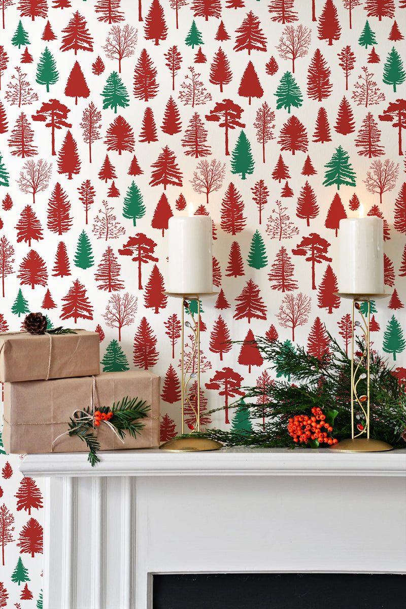 media image for Winter Forest Peel-and-Stick Wallpaper in Red and Evergreen by NextWall 278