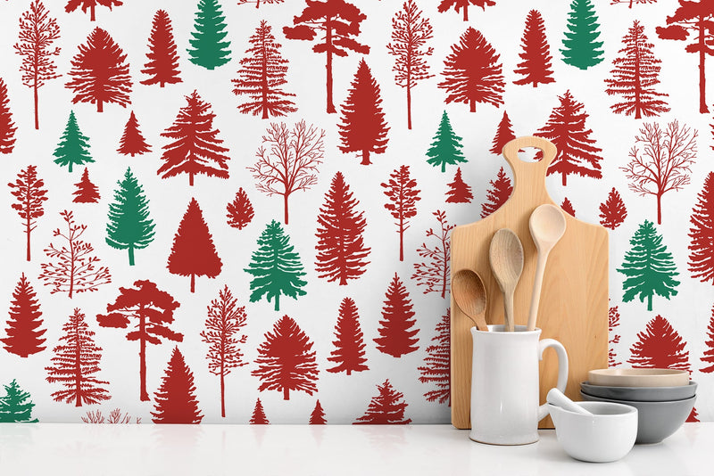 media image for Winter Forest Peel-and-Stick Wallpaper in Red and Evergreen by NextWall 290