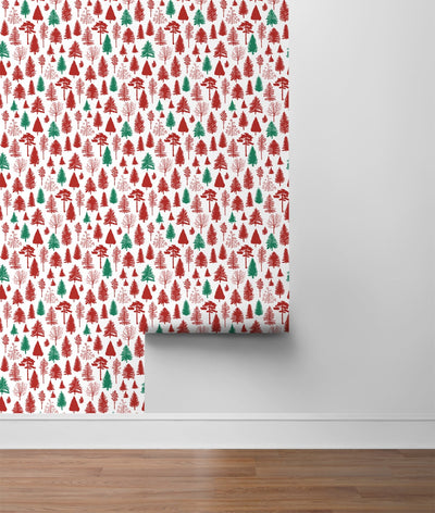 product image for Winter Forest Peel-and-Stick Wallpaper in Red and Evergreen by NextWall 85
