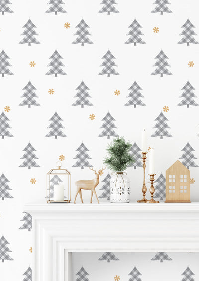 product image for Plaid Pines Wallpaper in Grey and Metallic Gold by NextWall 39