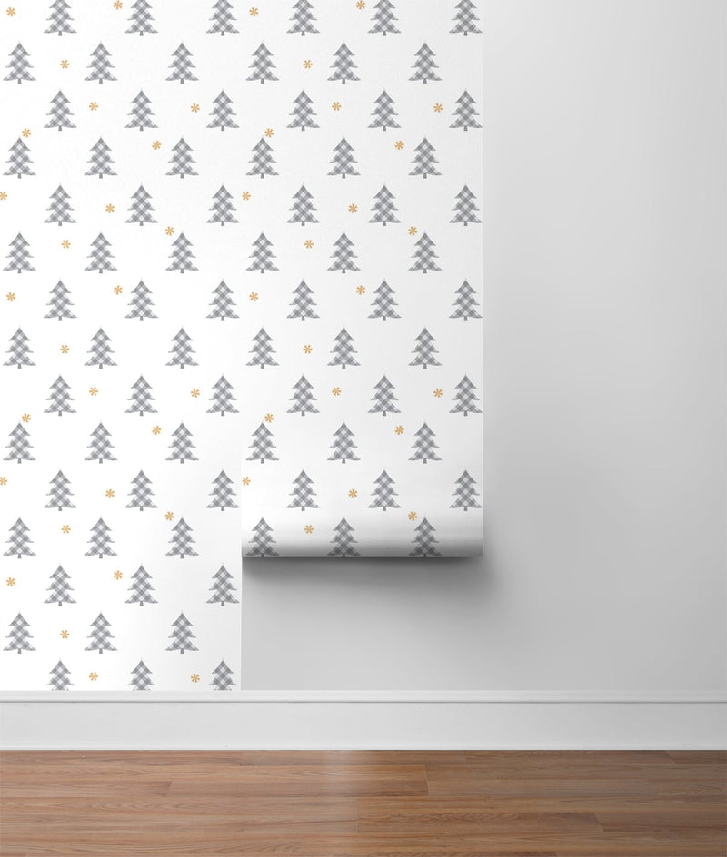 media image for Plaid Pines Wallpaper in Grey and Metallic Gold by NextWall 215