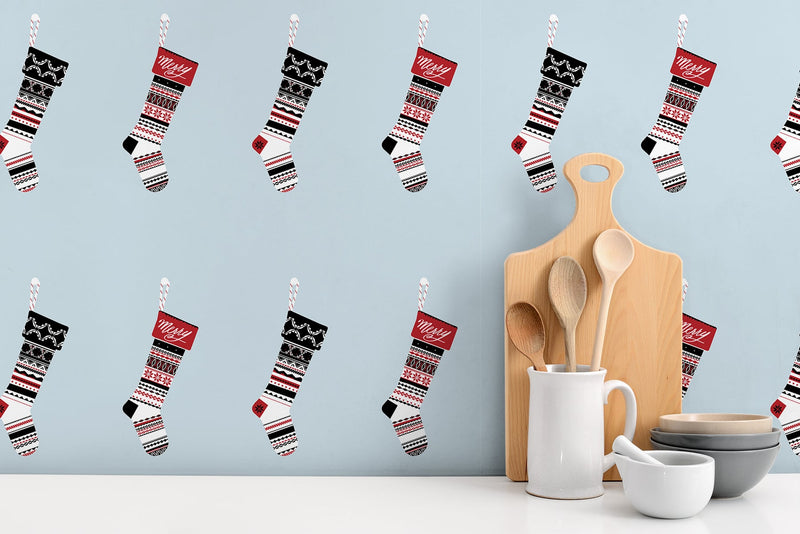 media image for Stockings Peel-and-Stick Wallpaper in Powder Blue and Red by NextWall 270