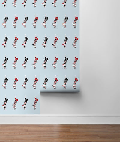 product image for Stockings Peel-and-Stick Wallpaper in Powder Blue and Red by NextWall 16