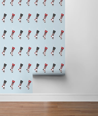 product image for Stockings Peel-and-Stick Wallpaper in Powder Blue and Red by NextWall 14