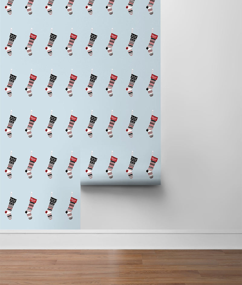 media image for Stockings Peel-and-Stick Wallpaper in Powder Blue and Red by NextWall 252