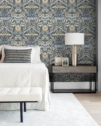 product image for Morris Flower Peel-and-Stick Wallpaper in Charcoal and Carolina Blue by NextWall 26