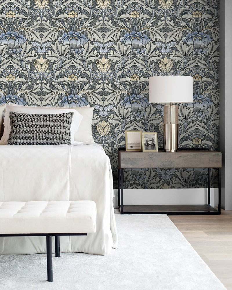 media image for Morris Flower Peel-and-Stick Wallpaper in Charcoal and Carolina Blue by NextWall 267