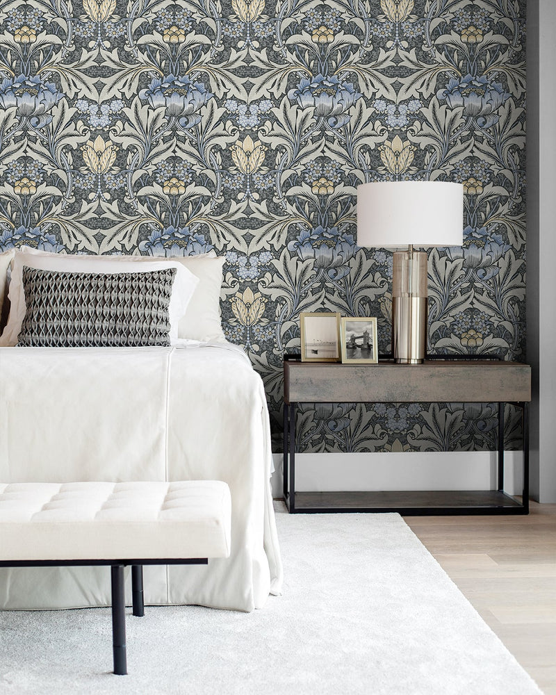 media image for Morris Flower Peel-and-Stick Wallpaper in Charcoal and Carolina Blue by NextWall 250