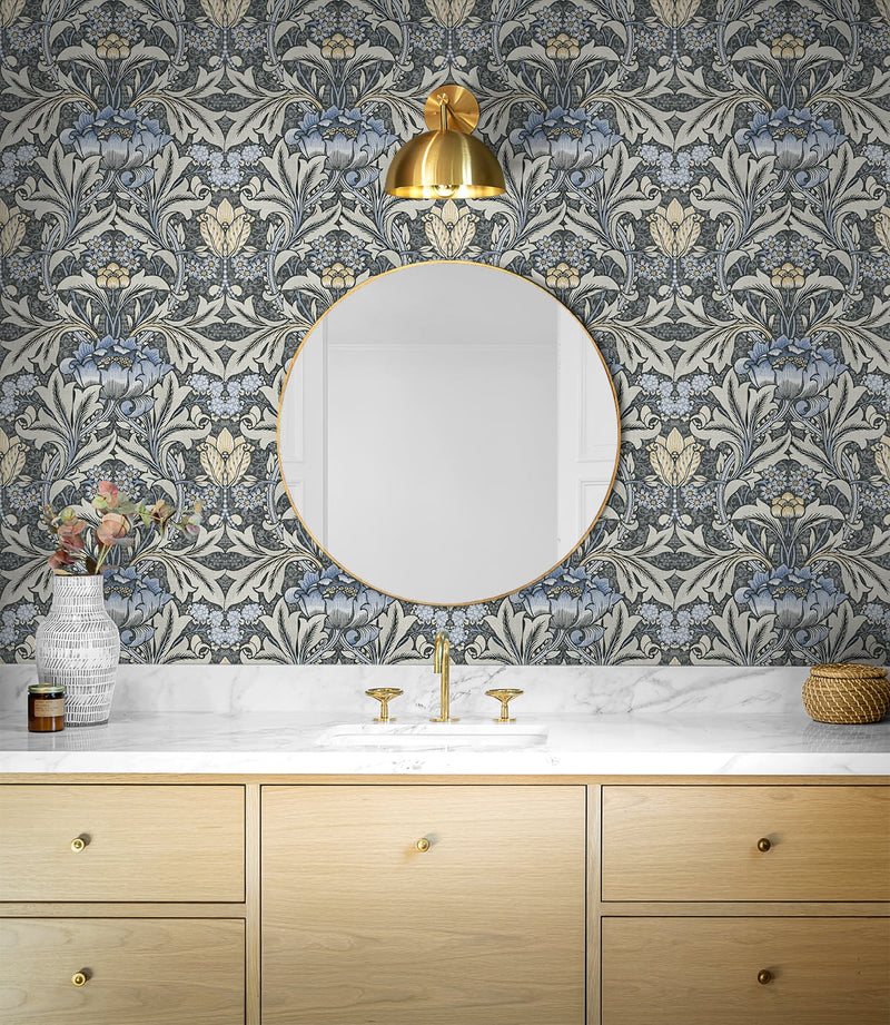media image for Morris Flower Peel-and-Stick Wallpaper in Charcoal and Carolina Blue by NextWall 213