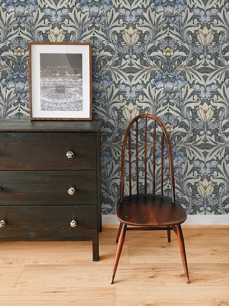 media image for Morris Flower Peel-and-Stick Wallpaper in Charcoal and Carolina Blue by NextWall 232