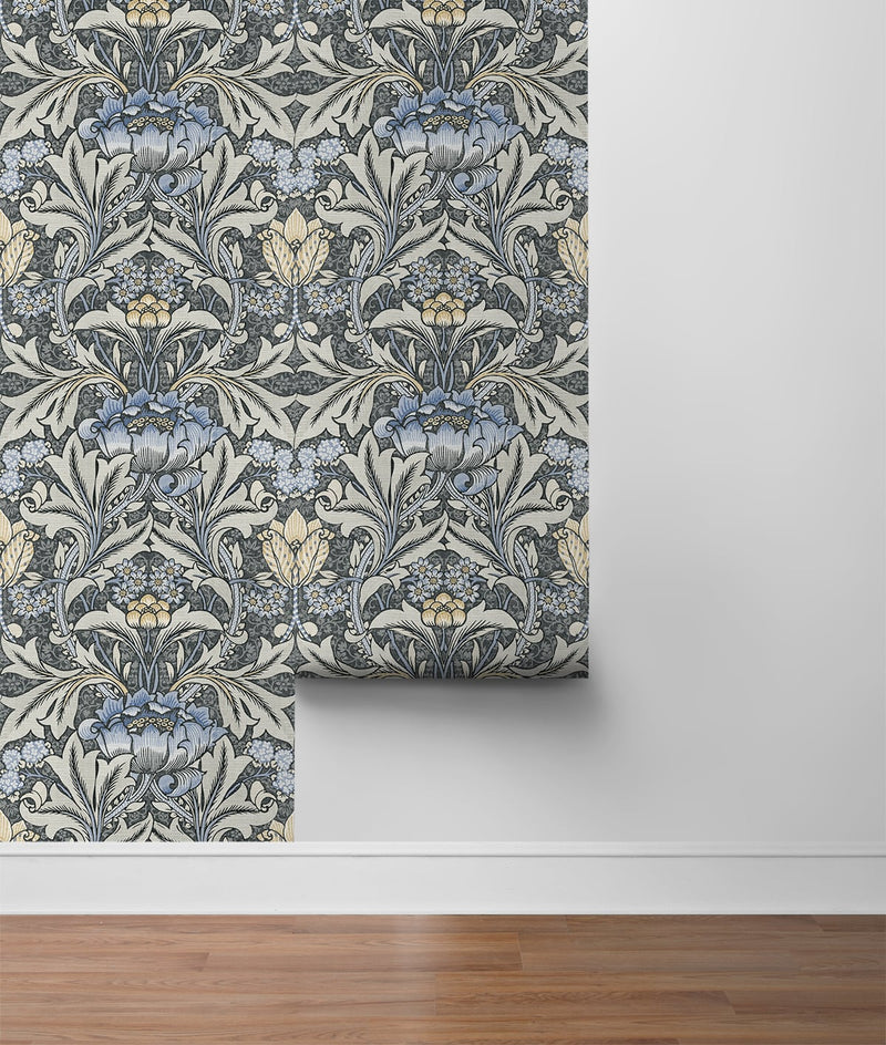 media image for Morris Flower Peel-and-Stick Wallpaper in Charcoal and Carolina Blue by NextWall 24