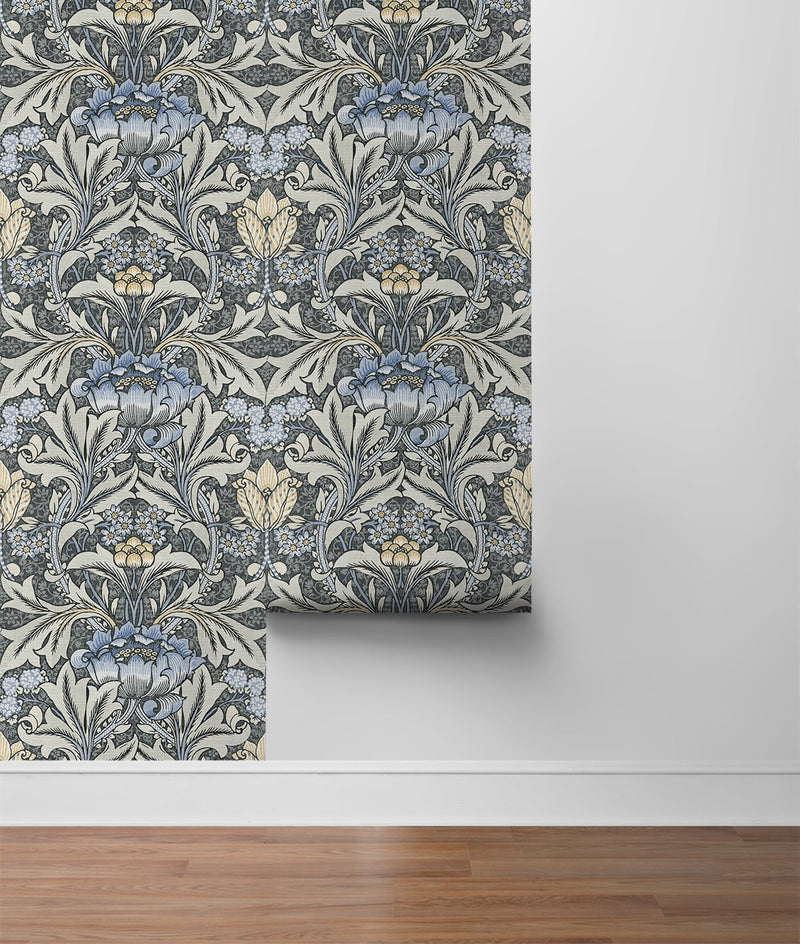 media image for Morris Flower Peel-and-Stick Wallpaper in Charcoal and Carolina Blue by NextWall 298
