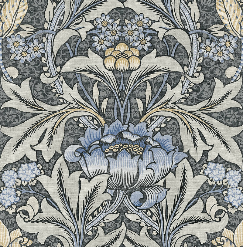 media image for Morris Flower Peel-and-Stick Wallpaper in Charcoal and Carolina Blue by NextWall 217