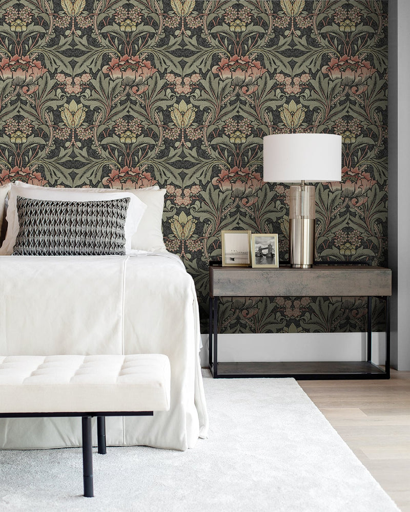 media image for Acanthus Floral Charcoal & Rosewood Peel-and-Stick Wallpaper by NextWall 285