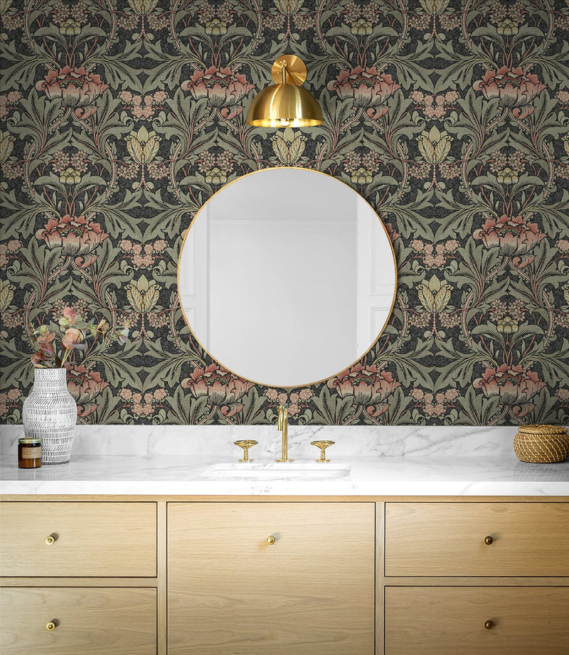 media image for Acanthus Floral Charcoal & Rosewood Peel-and-Stick Wallpaper by NextWall 298