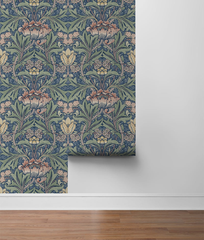media image for Morris Flower Peel-and-Stick Wallpaper in Denim Blue and Salmon by NextWall 279