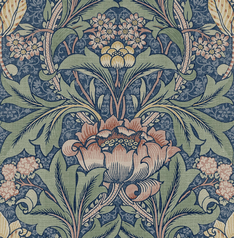 media image for Morris Flower Peel-and-Stick Wallpaper in Denim Blue and Salmon by NextWall 261