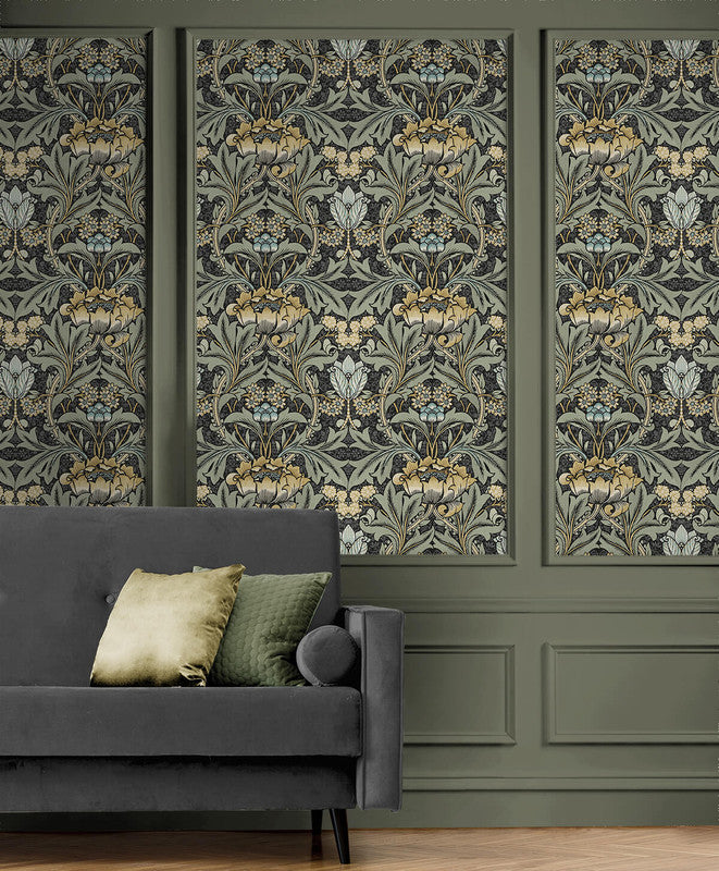 media image for Acanthus Floral Peel & Stick Wallpaper in Charocal & Goldenrod 214