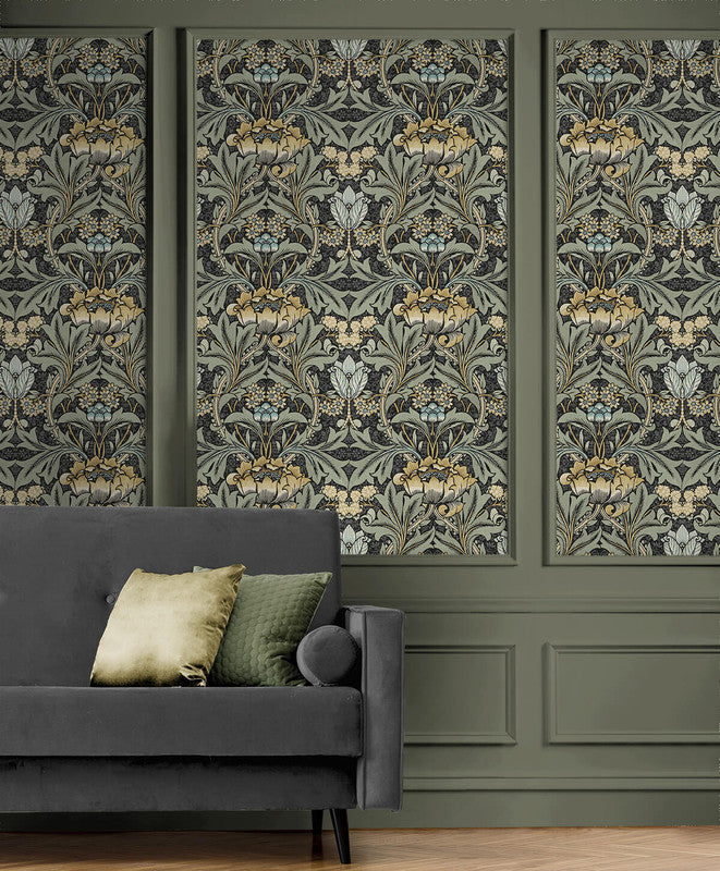 media image for Acanthus Floral Peel & Stick Wallpaper in Charocal & Goldenrod 275