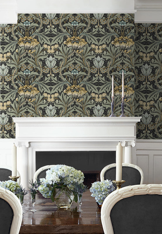 media image for Acanthus Floral Peel & Stick Wallpaper in Charocal & Goldenrod 27