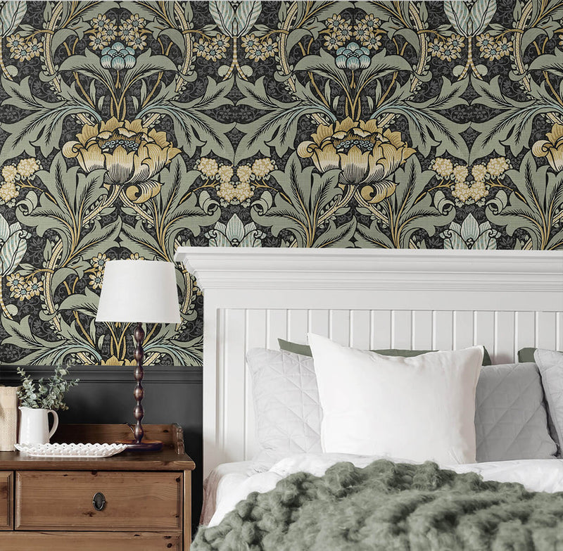 media image for Acanthus Floral Peel & Stick Wallpaper in Charocal & Goldenrod 24