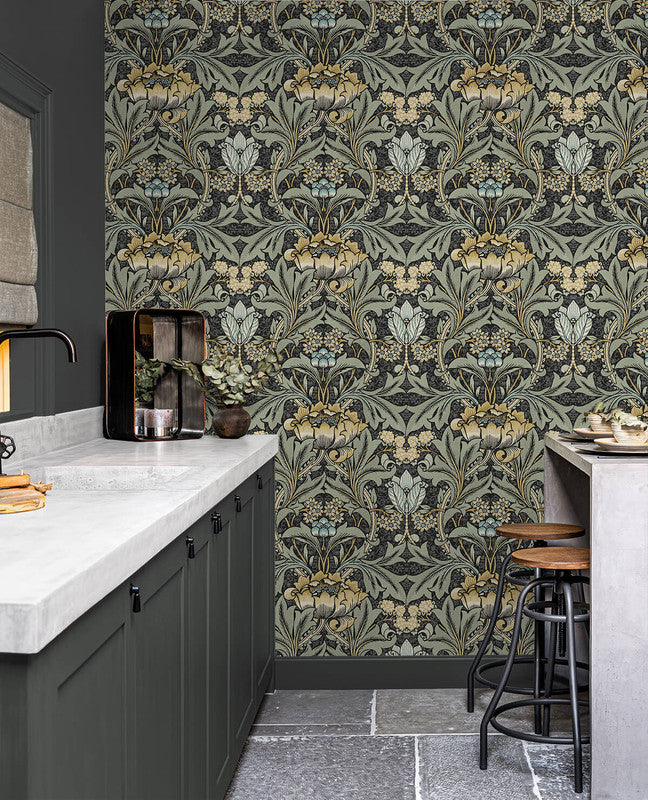 media image for Acanthus Floral Peel & Stick Wallpaper in Charocal & Goldenrod 25