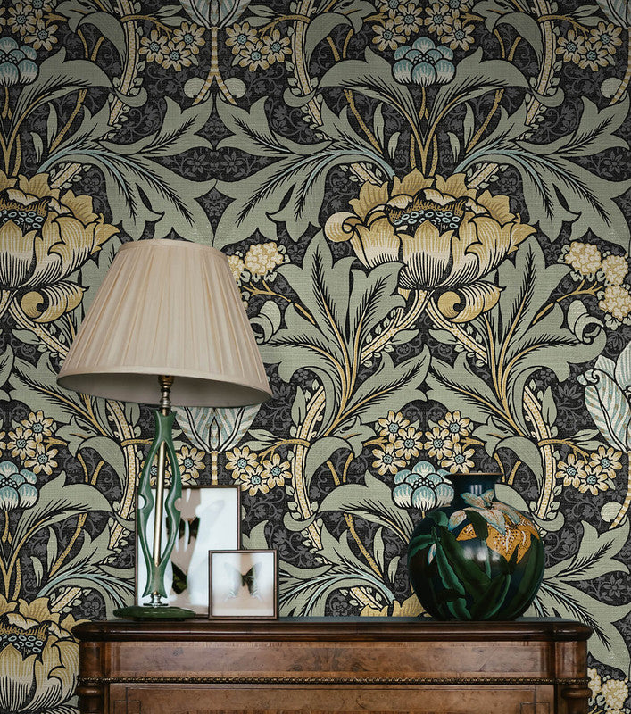 media image for Acanthus Floral Peel & Stick Wallpaper in Charocal & Goldenrod 226