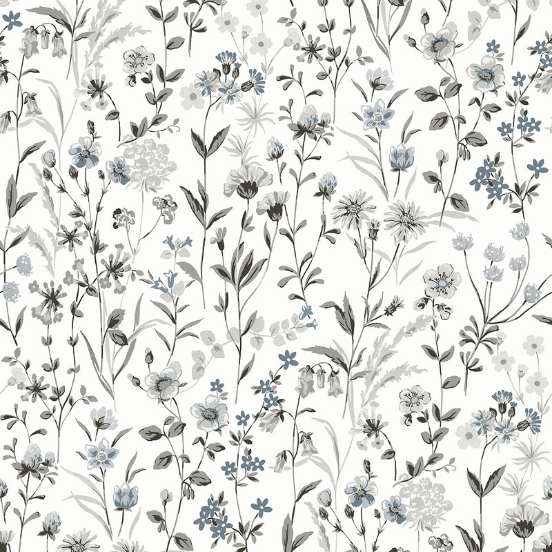 media image for Wildflowers Charcoal & Bluestone Peel-and-Stick Wallpaper by NextWall 287
