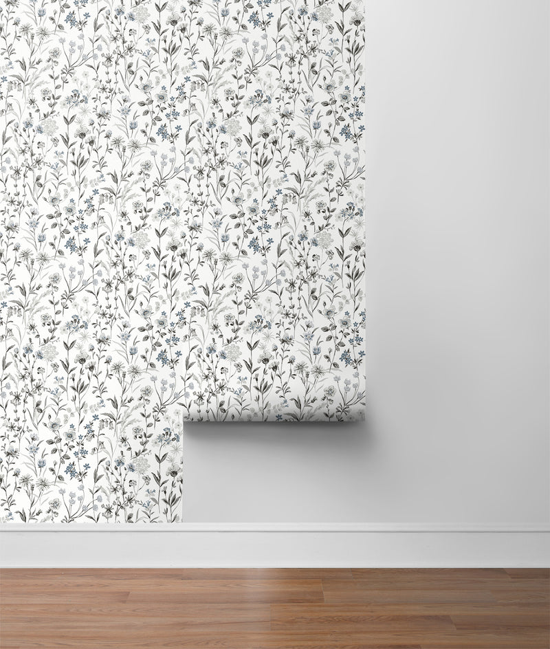 media image for Wildflowers Charcoal & Bluestone Peel-and-Stick Wallpaper by NextWall 253