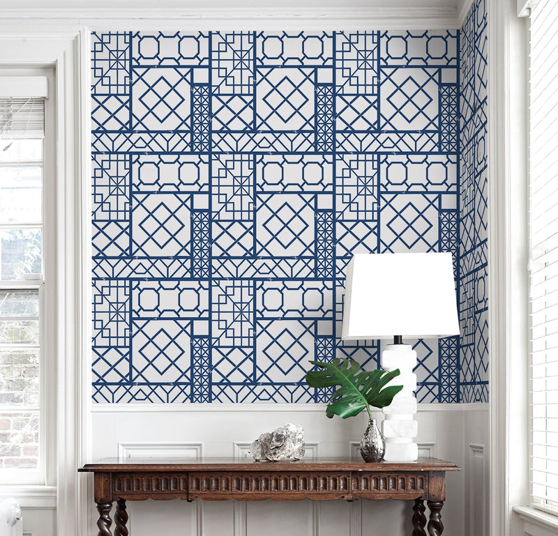 media image for Garden Trellis Navy Blue Peel-and-Stick Wallpaper by NextWall 269
