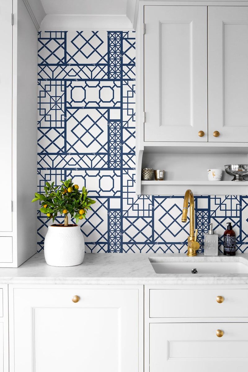 media image for Garden Trellis Navy Blue Peel-and-Stick Wallpaper by NextWall 26