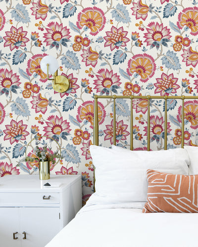 product image for Jacobean Blossom Floral Fandango Pink & Bluebird Peel-and-Stick Wallpaper by NextWall 30