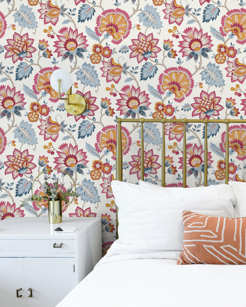 media image for Jacobean Blossom Floral Fandango Pink & Bluebird Peel-and-Stick Wallpaper by NextWall 213