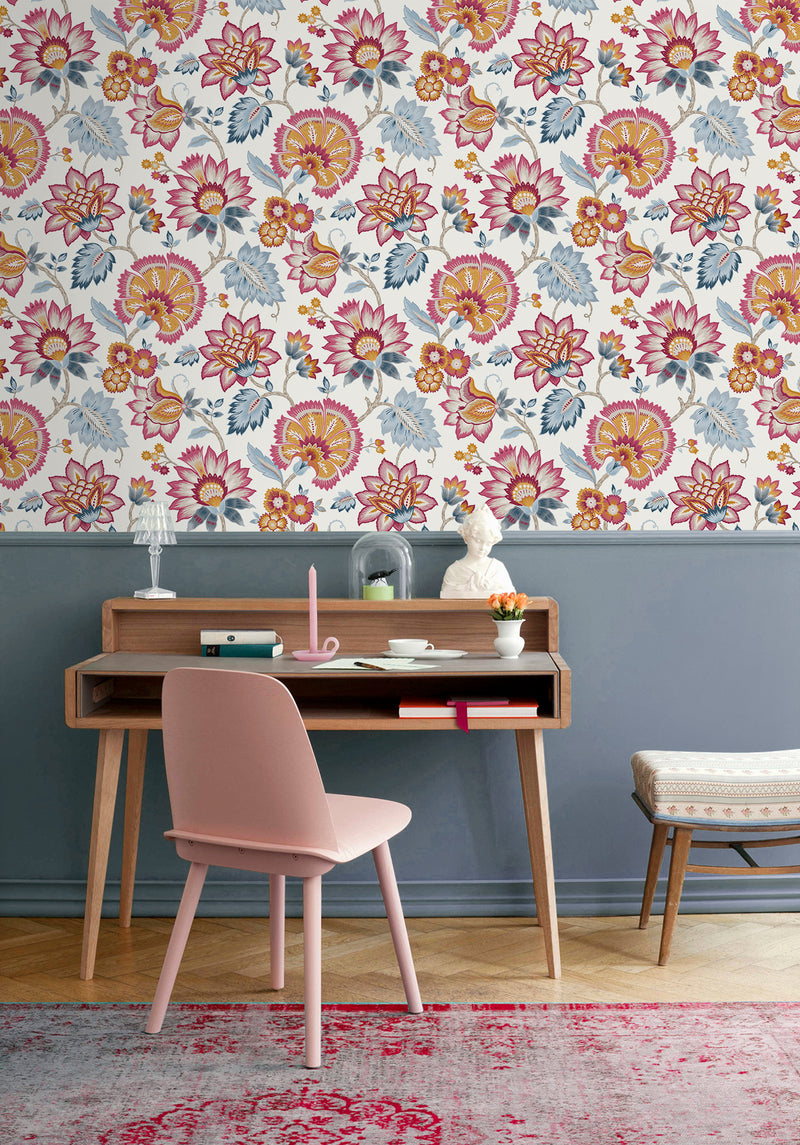 media image for Jacobean Blossom Floral Fandango Pink & Bluebird Peel-and-Stick Wallpaper by NextWall 247