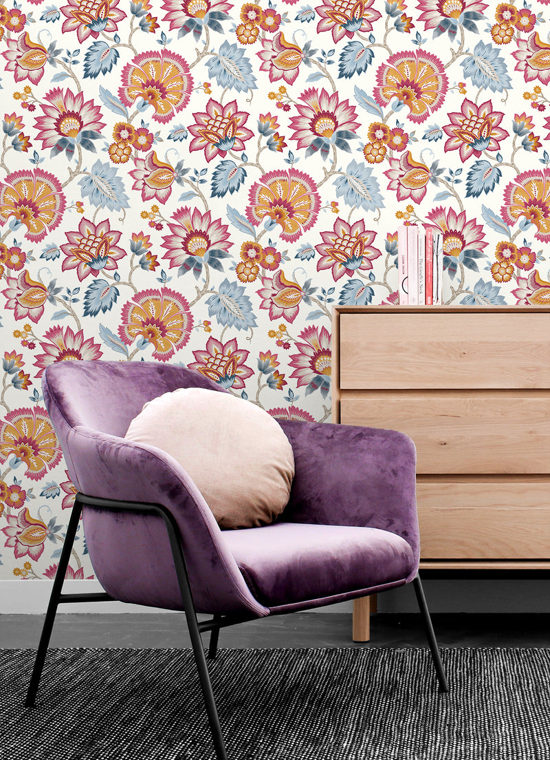 media image for Jacobean Blossom Floral Fandango Pink & Bluebird Peel-and-Stick Wallpaper by NextWall 291
