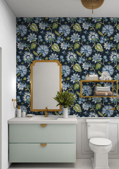 product image for Jacobean Blossom Floral Midnight Blue Peel-and-Stick Wallpaper by NextWall 25