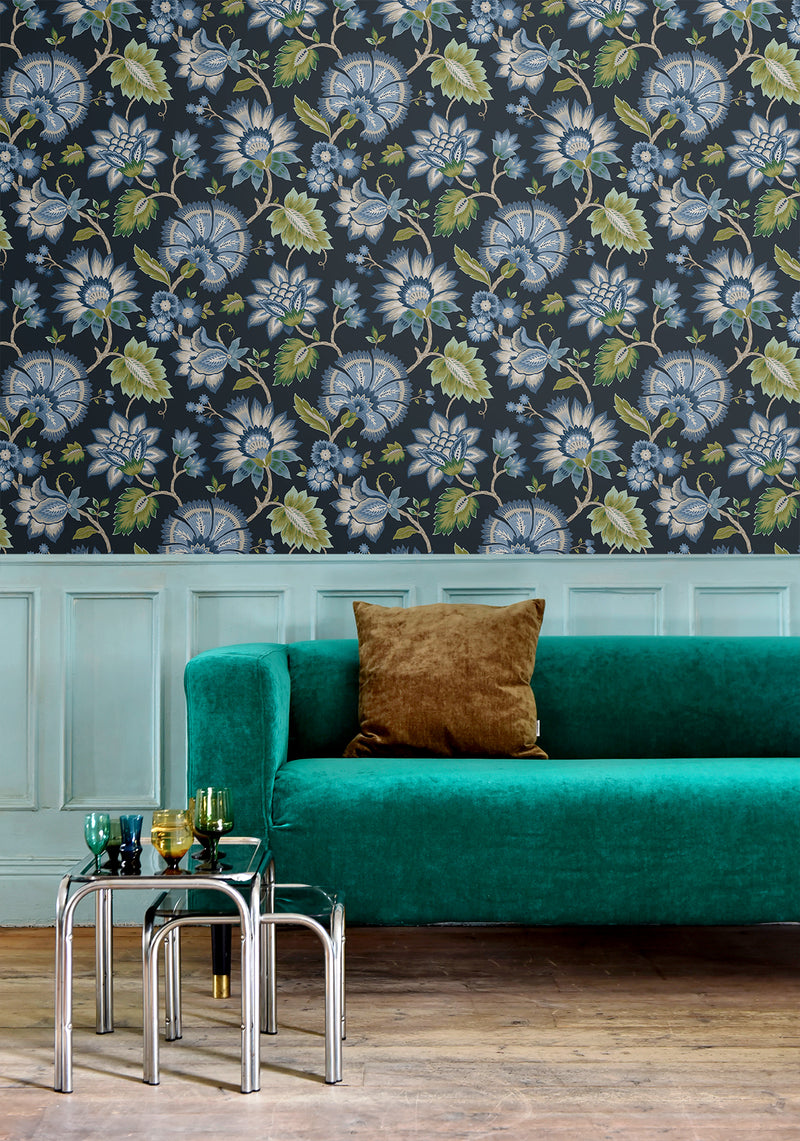 media image for Jacobean Blossom Floral Midnight Blue Peel-and-Stick Wallpaper by NextWall 279