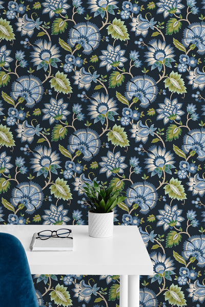 product image for Jacobean Blossom Floral Midnight Blue Peel-and-Stick Wallpaper by NextWall 16