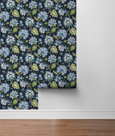 product image for Jacobean Blossom Floral Midnight Blue Peel-and-Stick Wallpaper by NextWall 54
