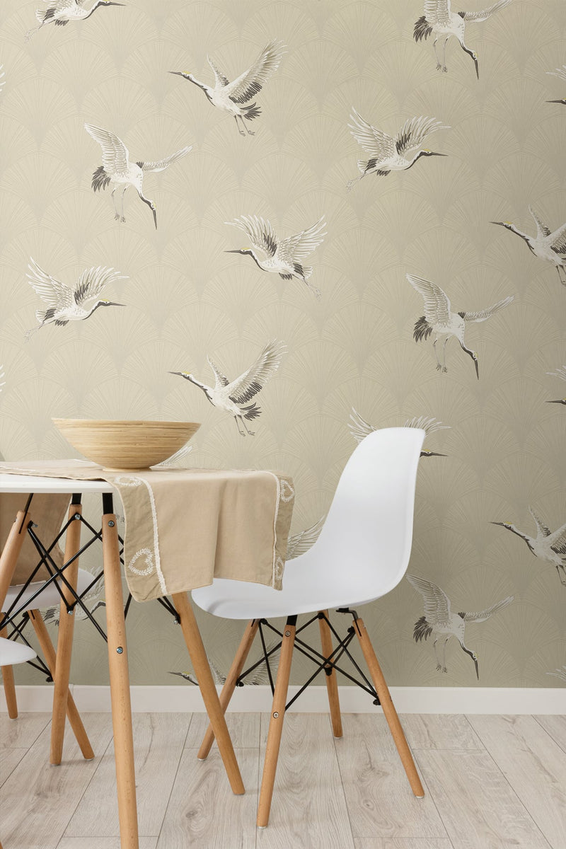 media image for Cranes Alba Beige Peel-and-Stick Wallpaper by NextWall 265