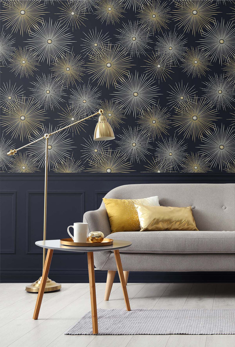 media image for Starburst Geo Midnight & Gold Peel-and-Stick Wallpaper by NextWall 290